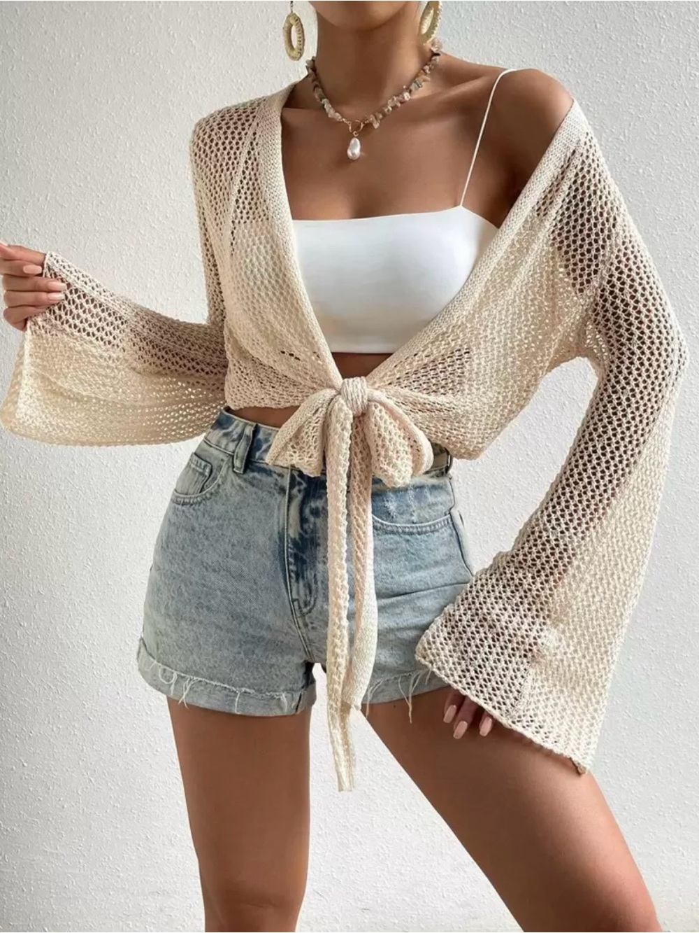 Lightweight Cream Knit Tie-Front Women's Sweater